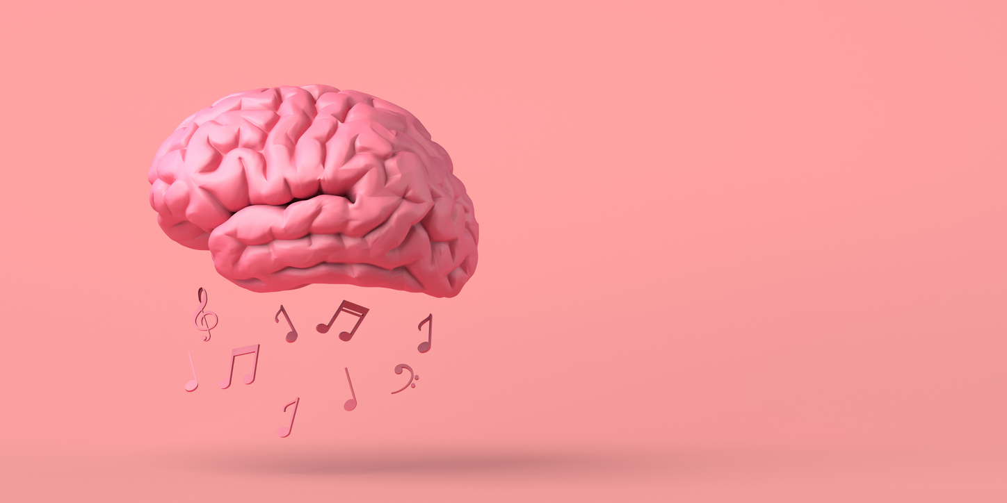 Brain with musical notes. Creativity. Copy space. 3D illustration.