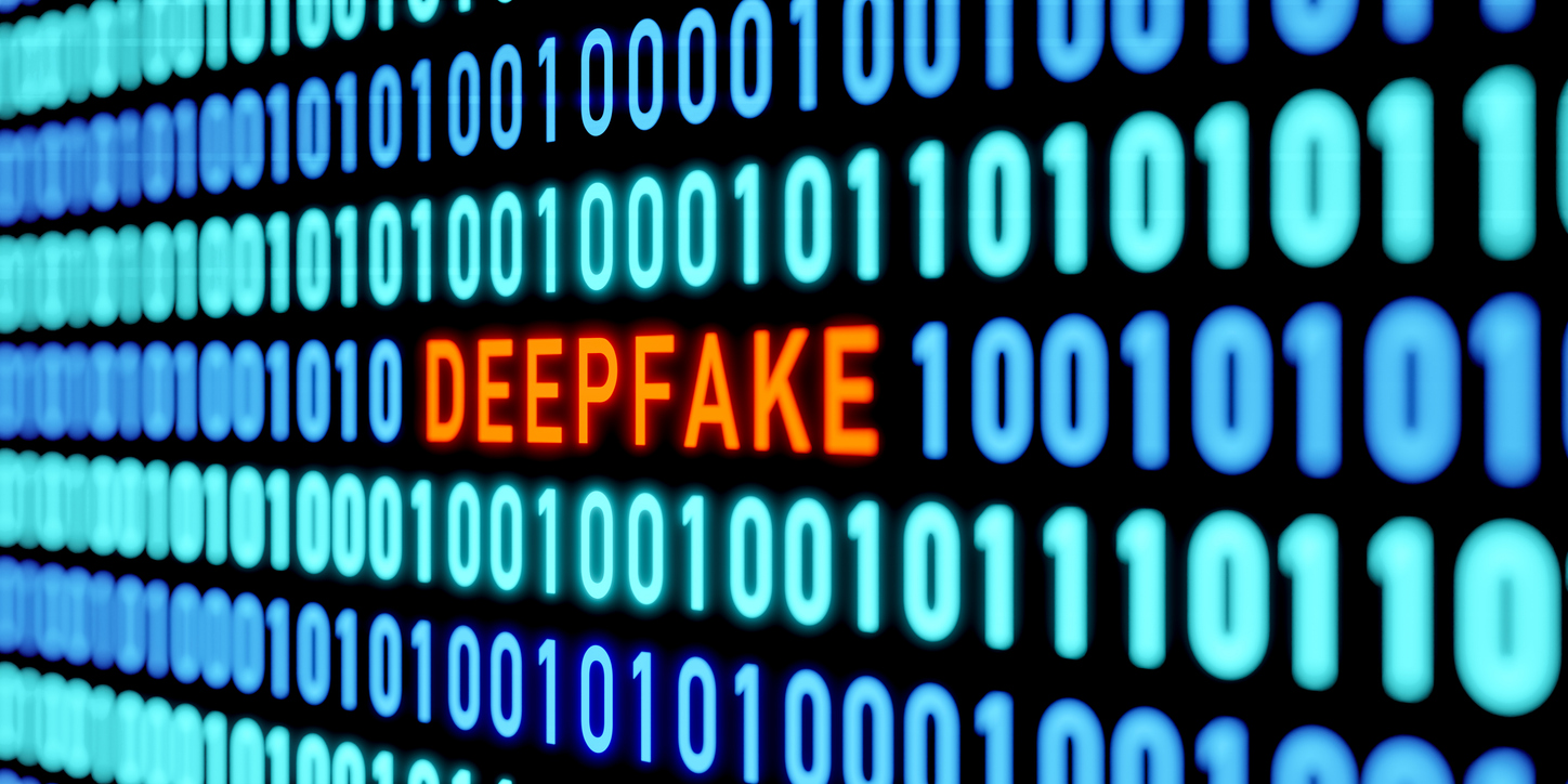 Deepfake message. Binary code, zero and one, deepfake in the system. Warning sign on screen. System message, cyber crime, hacking, threat, network security, computer virus. 3D illustration